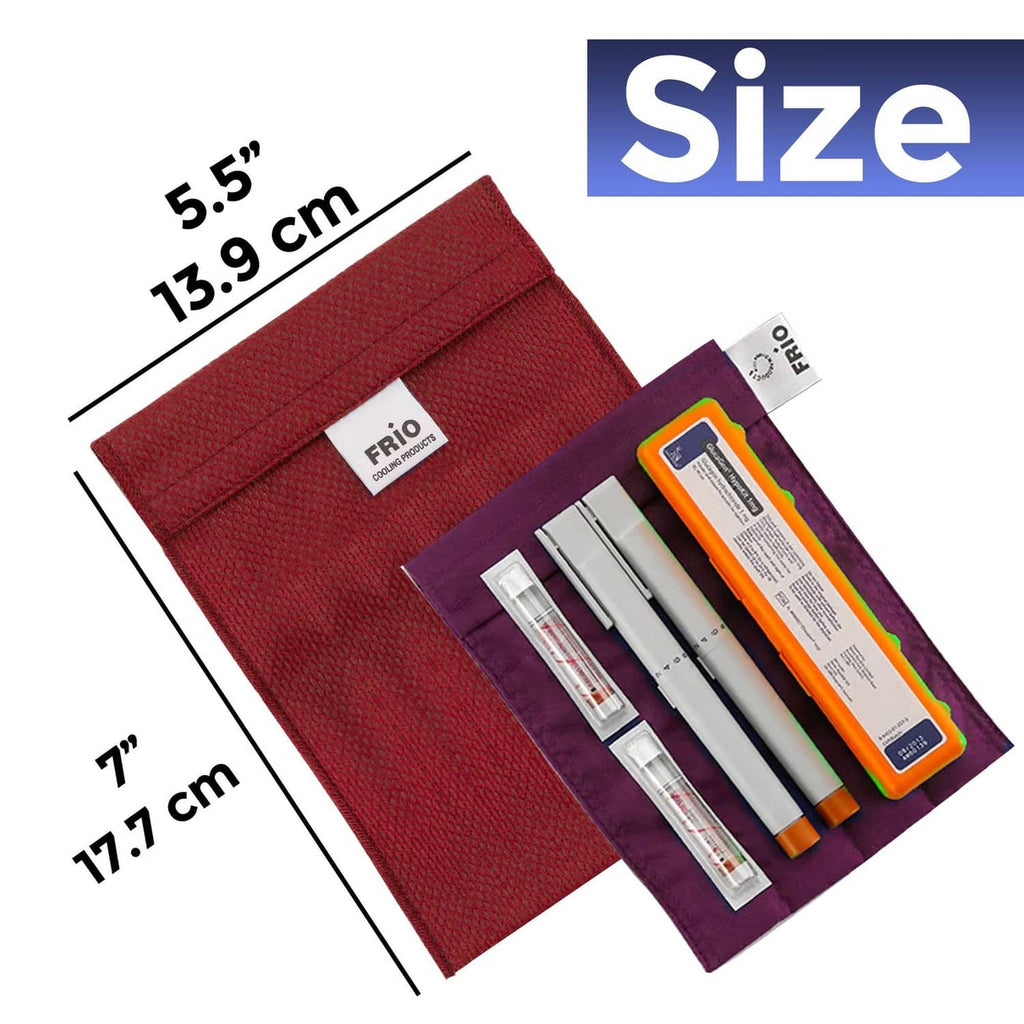 Red FRIO cooling wallet size view with purple insert and inner compartments