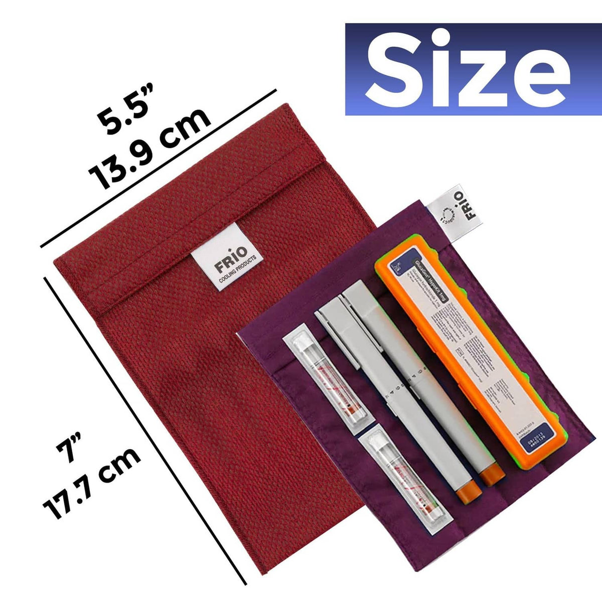 Red FRIO cooling wallet size view with purple insert and inner compartments
