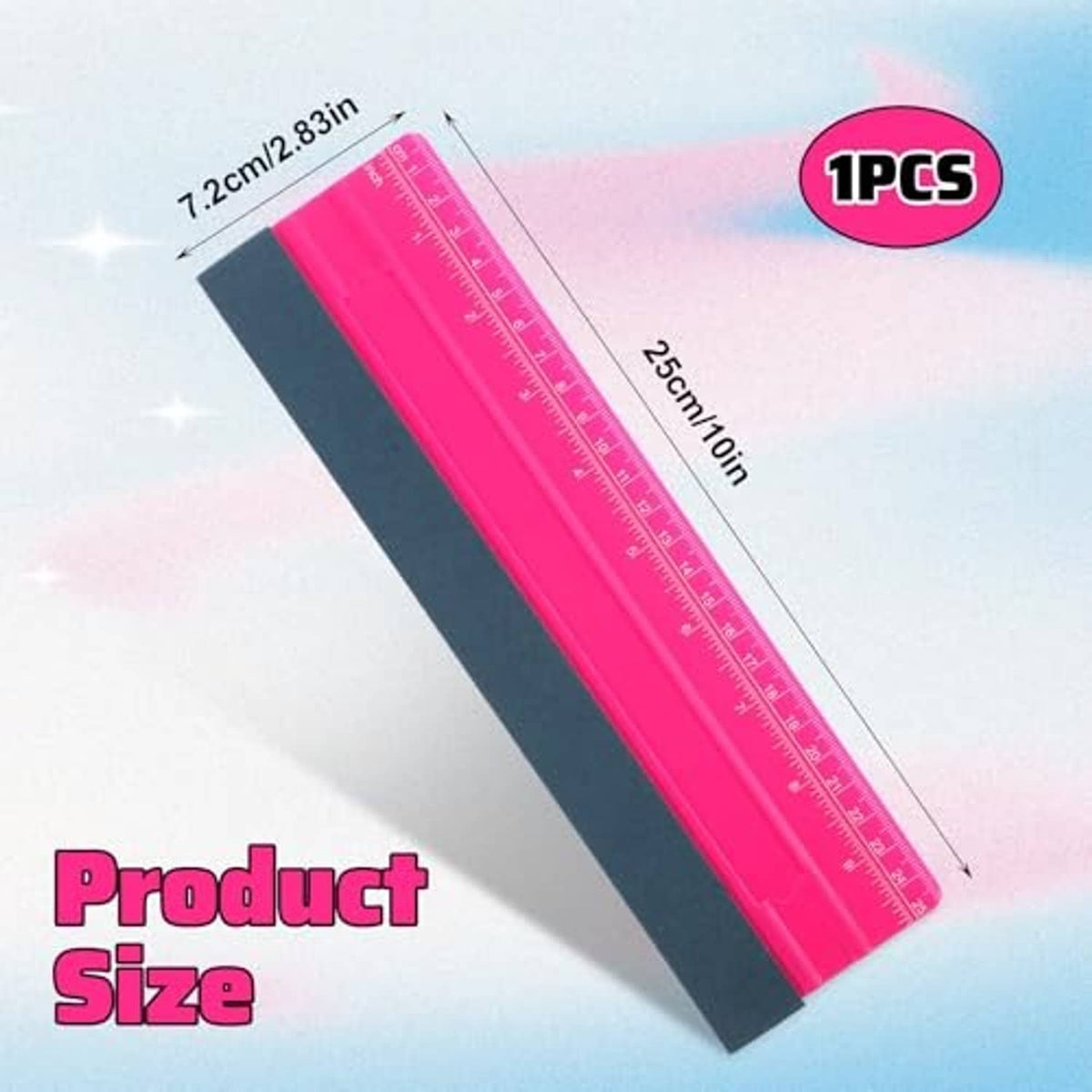 Pink squeegee with dark felt blade and inch scale, 10 in length