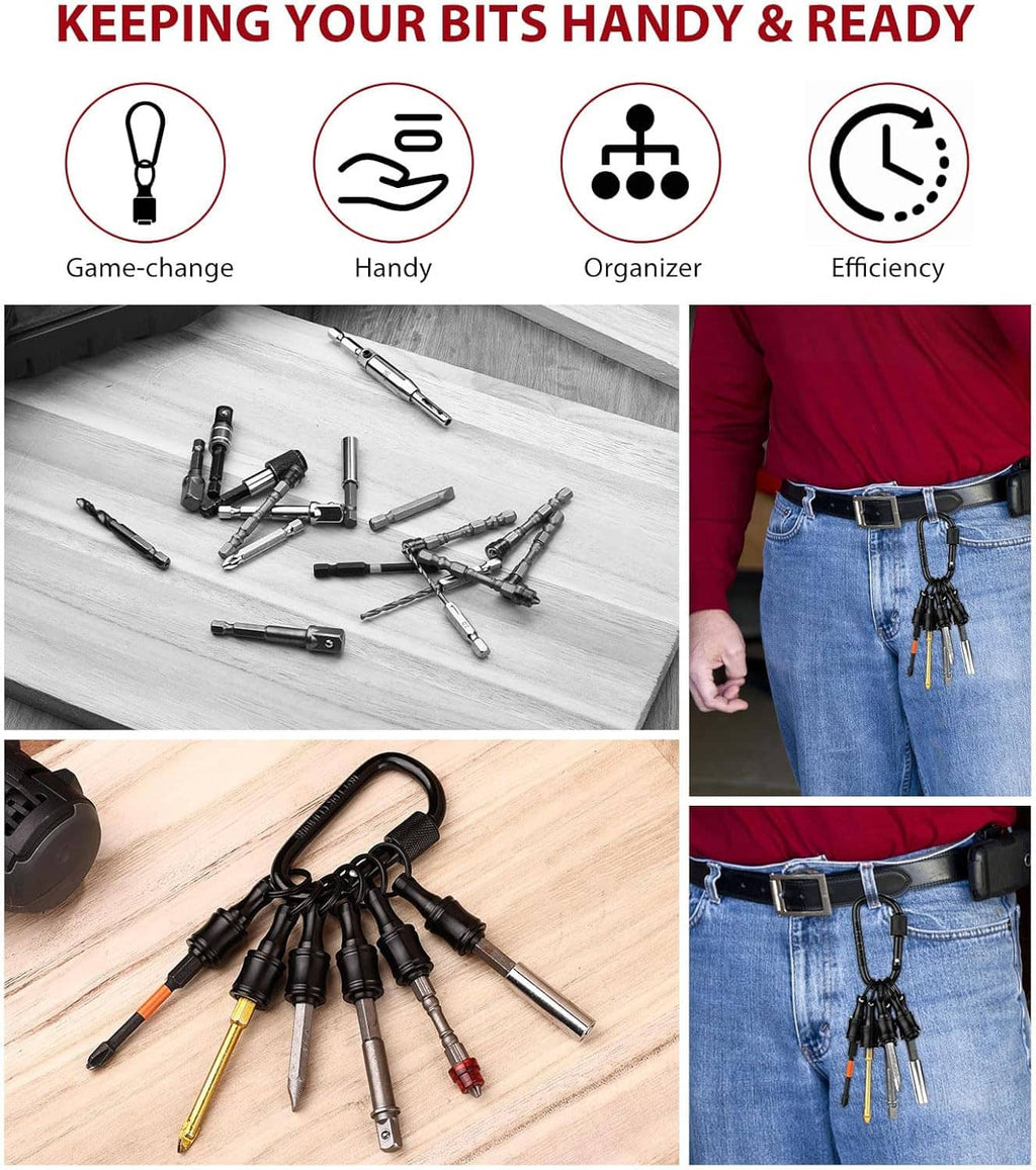 Black screwdriver bit holder keychain with six hex bits arranged and ready to grab