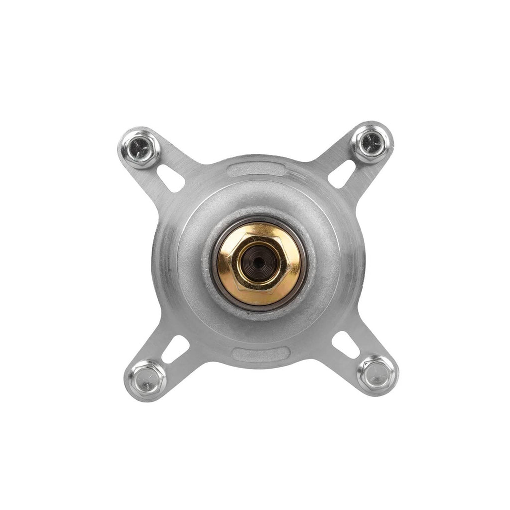 Mower spindle with four mounting holes, silver housing and brass top insert