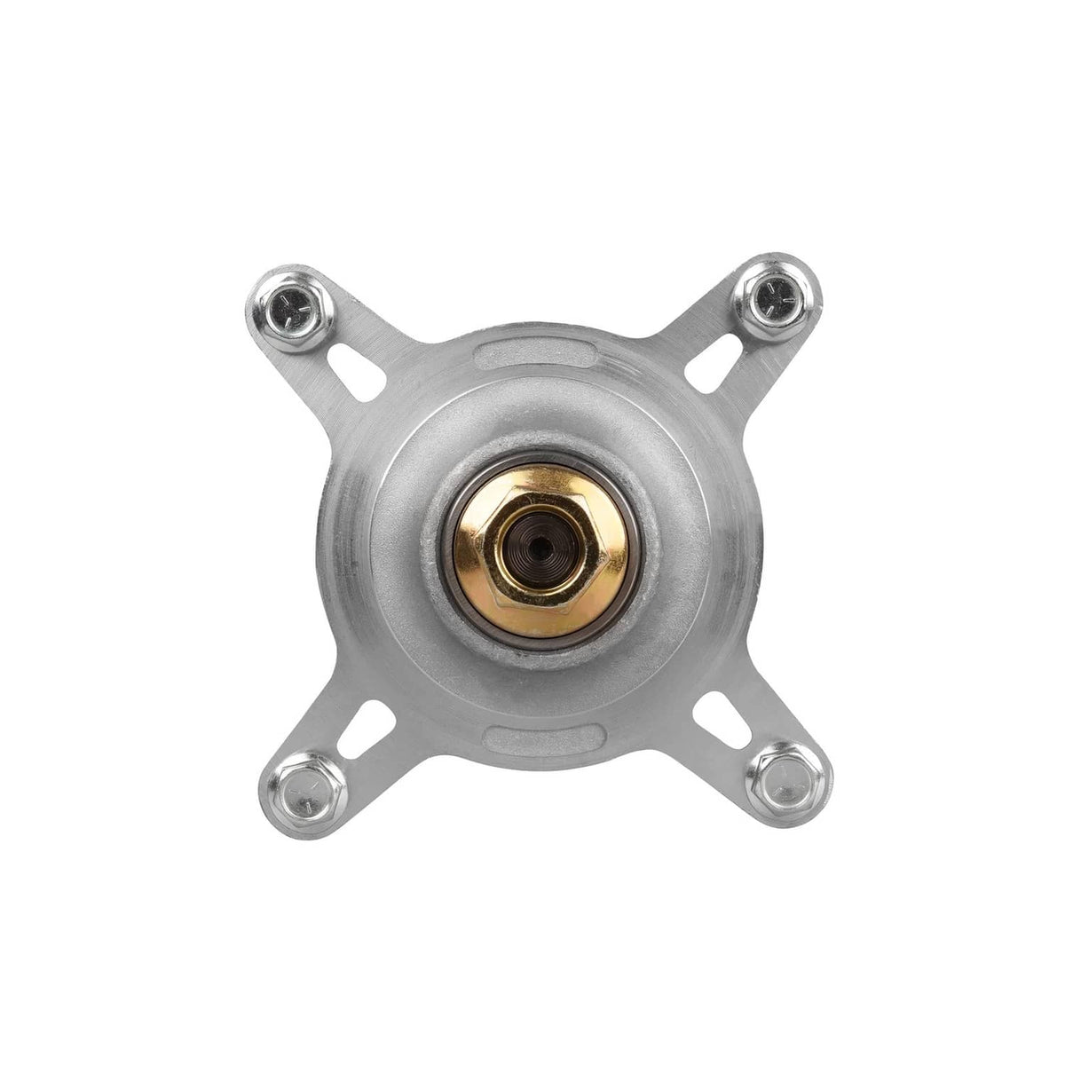 Mower spindle with four mounting holes, silver housing and brass top insert