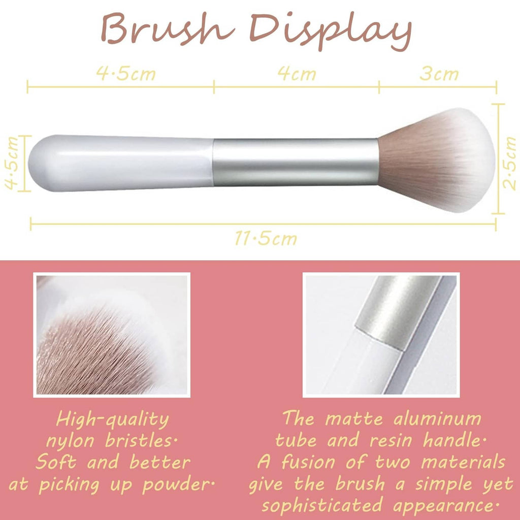 Blush brush with white handle and soft brown bristles for applying matte powder
