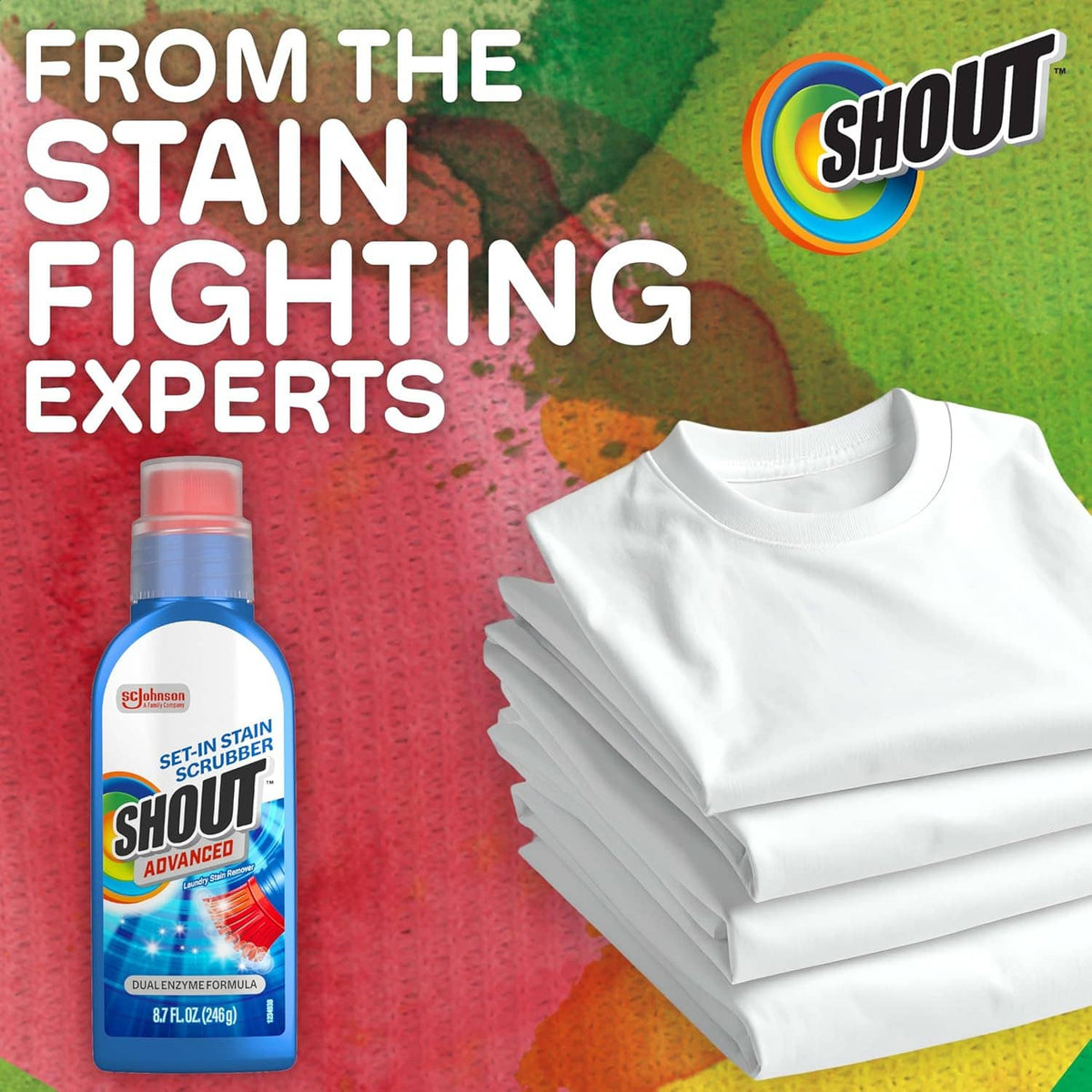 Shout Advanced stain remover gel bottle next to stacked white T-shirts.
