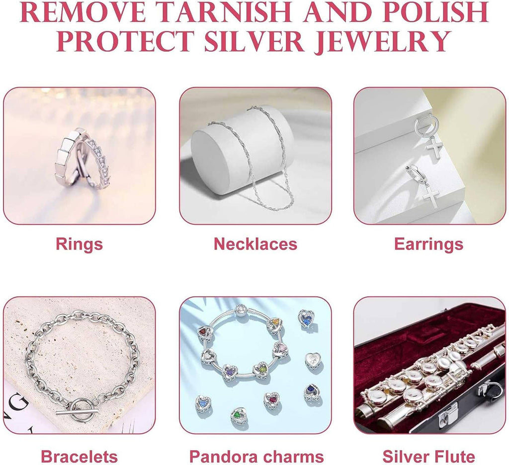 Jewelry cleaning guide cards showing rings, necklaces, earrings, bracelets, charms, and flute