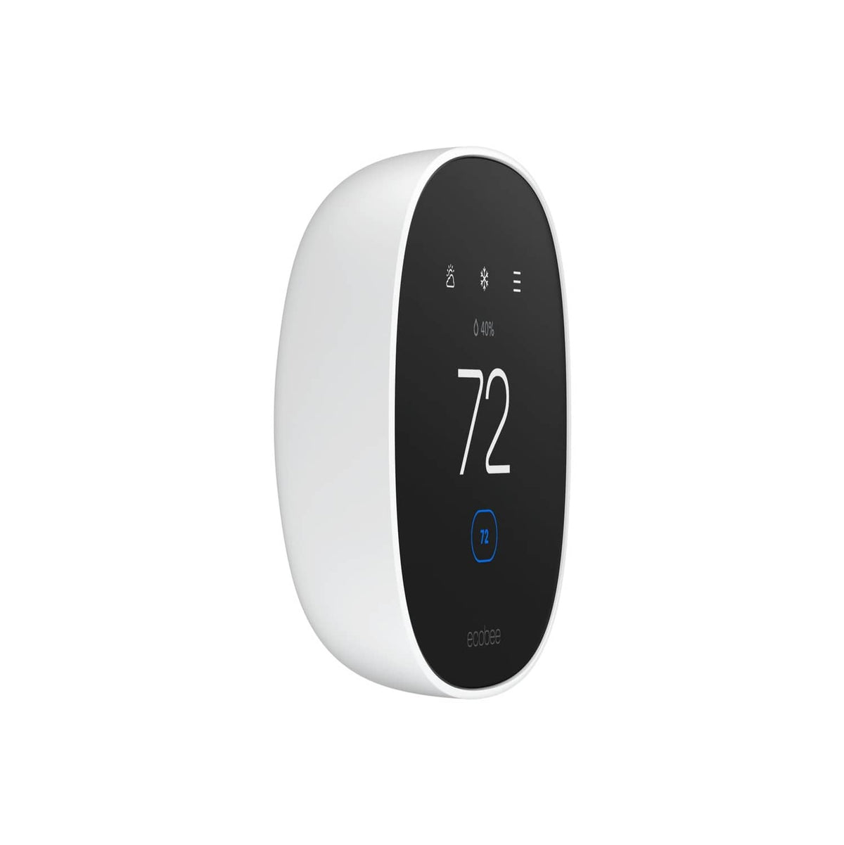 White smart thermostat with dark display panel and temperature 72