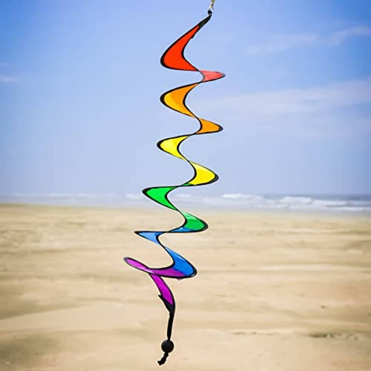 Rainbow spiral hanging wind spinner with multicolor zigzag vanes and black hanging bead