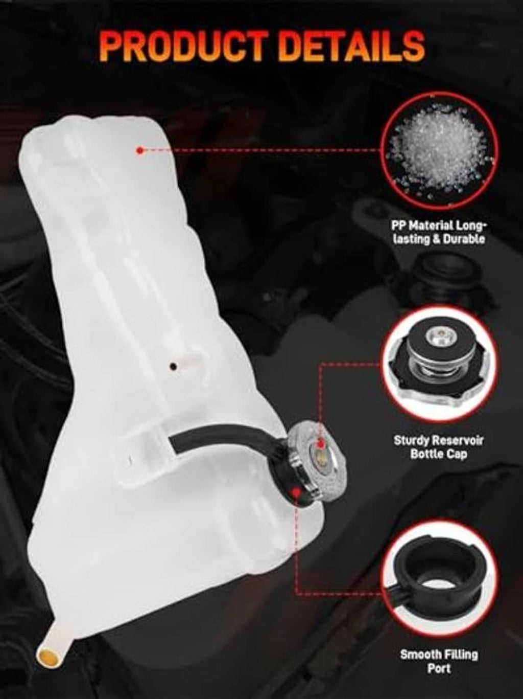 Engine coolant reservoir tank with cap, showing bottle cap and smooth filling port.