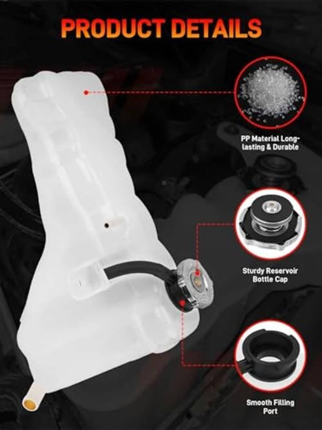 Engine coolant reservoir tank with cap, showing bottle cap and smooth filling port.
