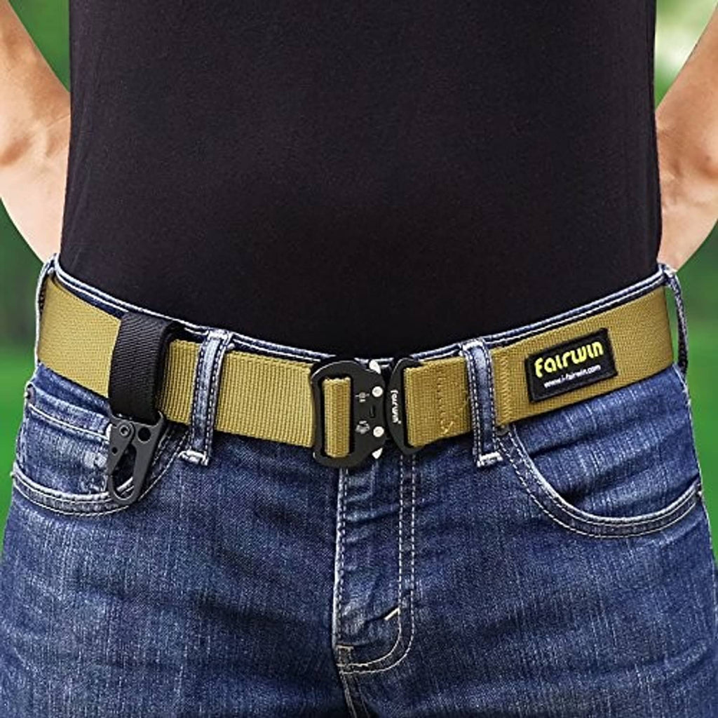 Black and yellow key ring belt holder clipped to denim waistband