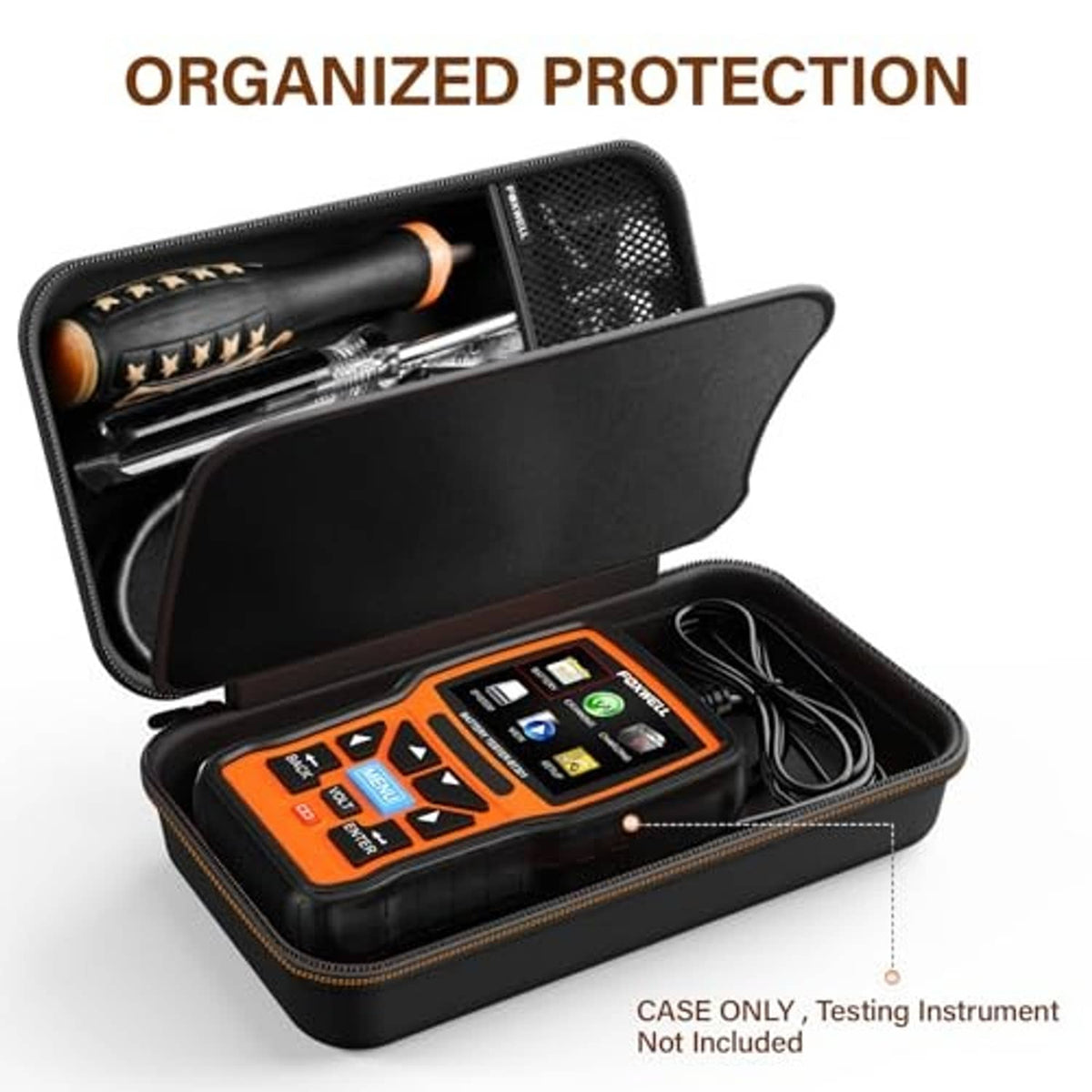 Portable carrying case open with foam compartments for an OBD2 scanner and tester accessories