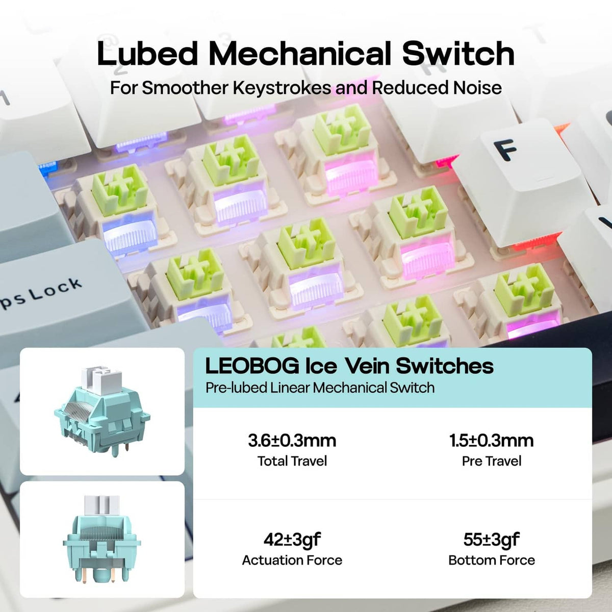 Pre-lubed ice vein linear switches with light green stems and light blue housings