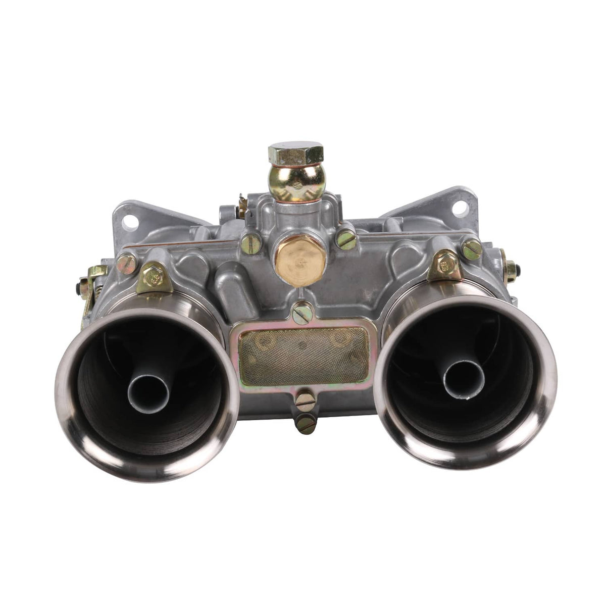 Carburetor with two large intake openings and central mounting plate