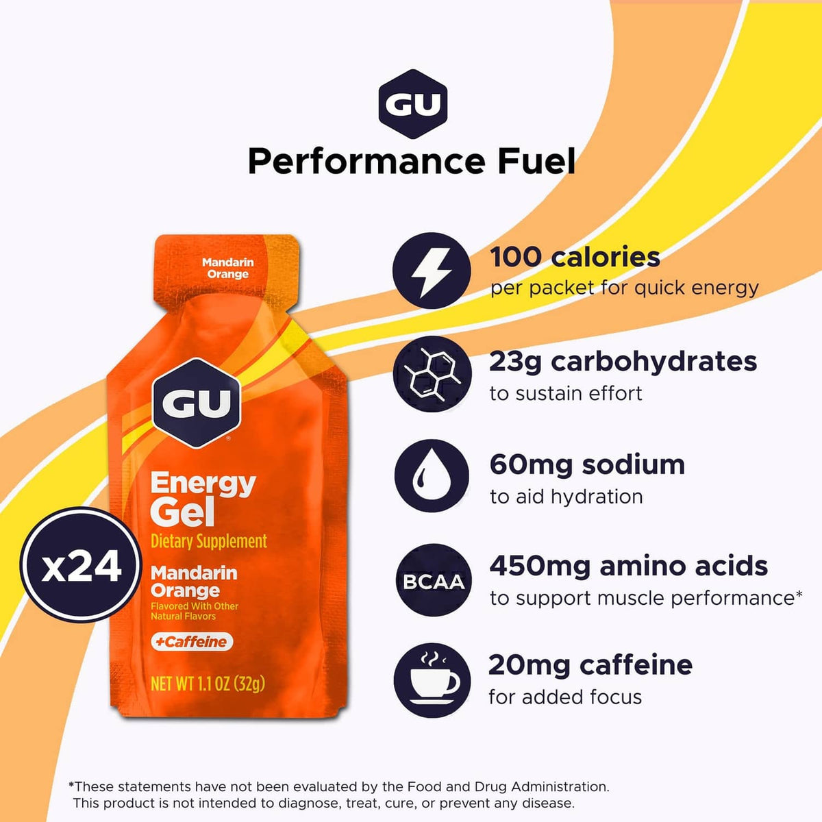Orange GU energy gel pouch with performance fuel icons and x24 label