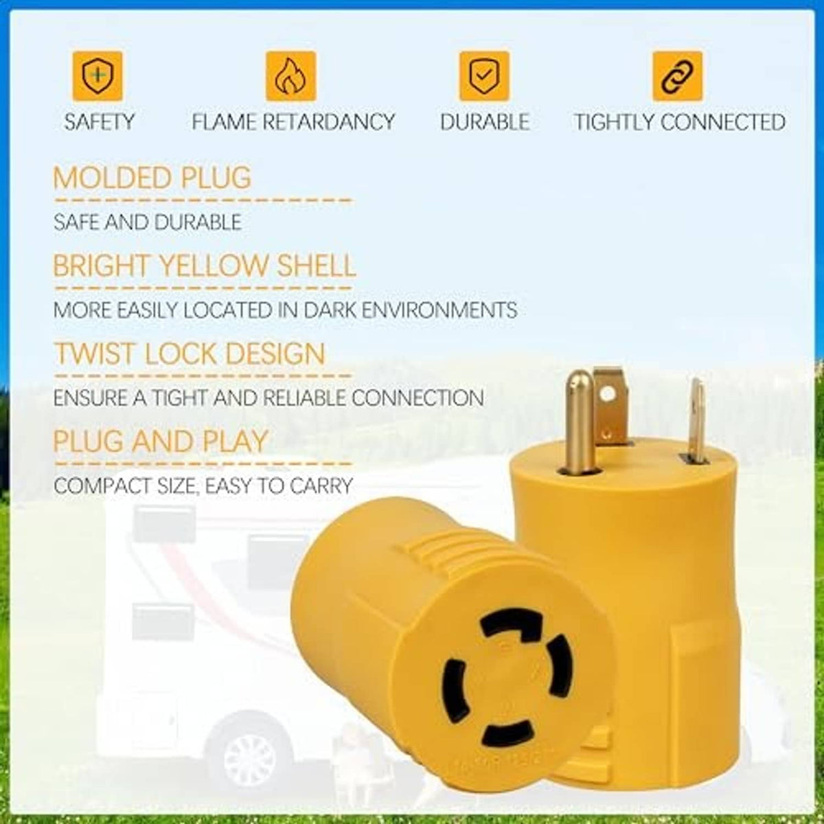 Bright yellow molded TT-30P to L14-30R RV power adapter with twist-lock design