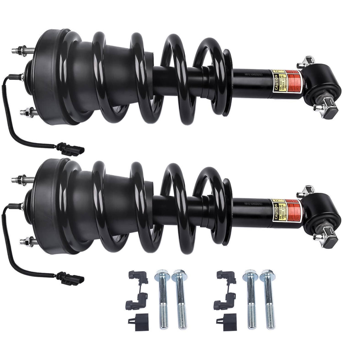 Pair of front shock struts with black coil springs and cylindrical housings