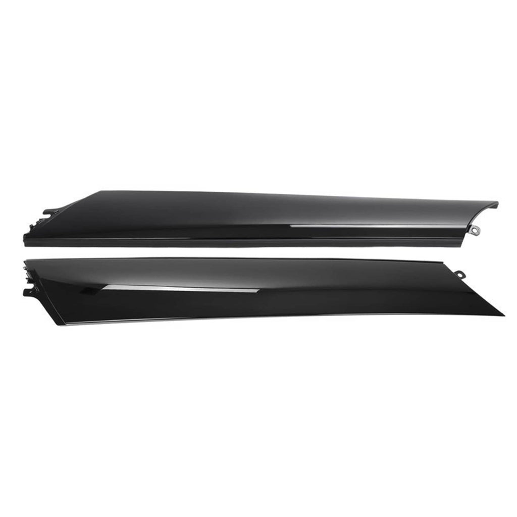 Windshield pillar trim molding set, long glossy black panels with silver edge strip
