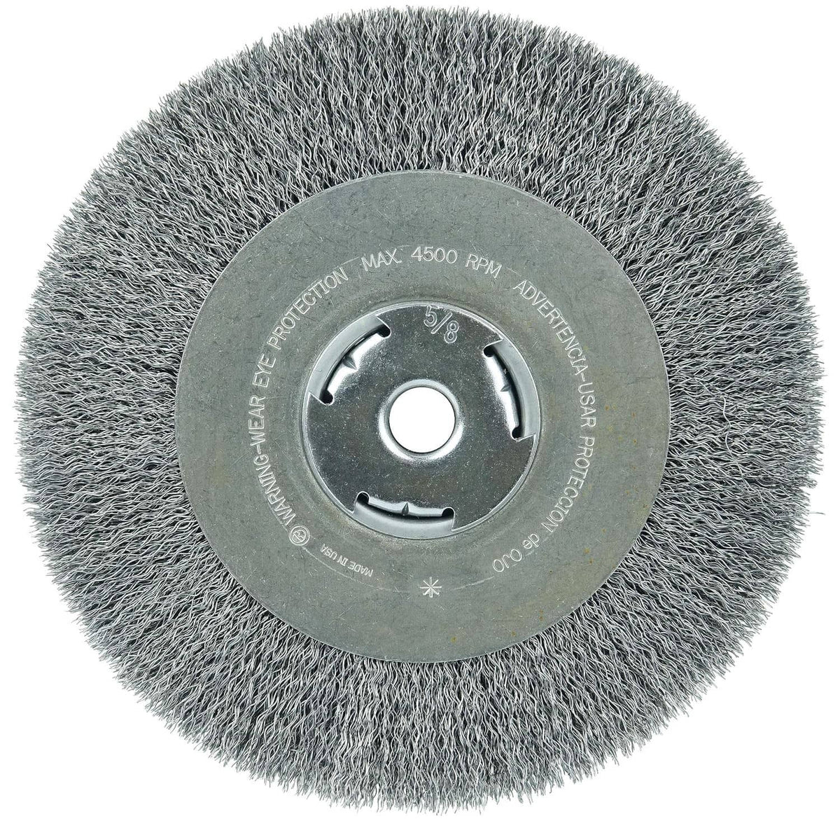 Crimped wire wheel with wide face and center arbor hole for grinding and cleaning