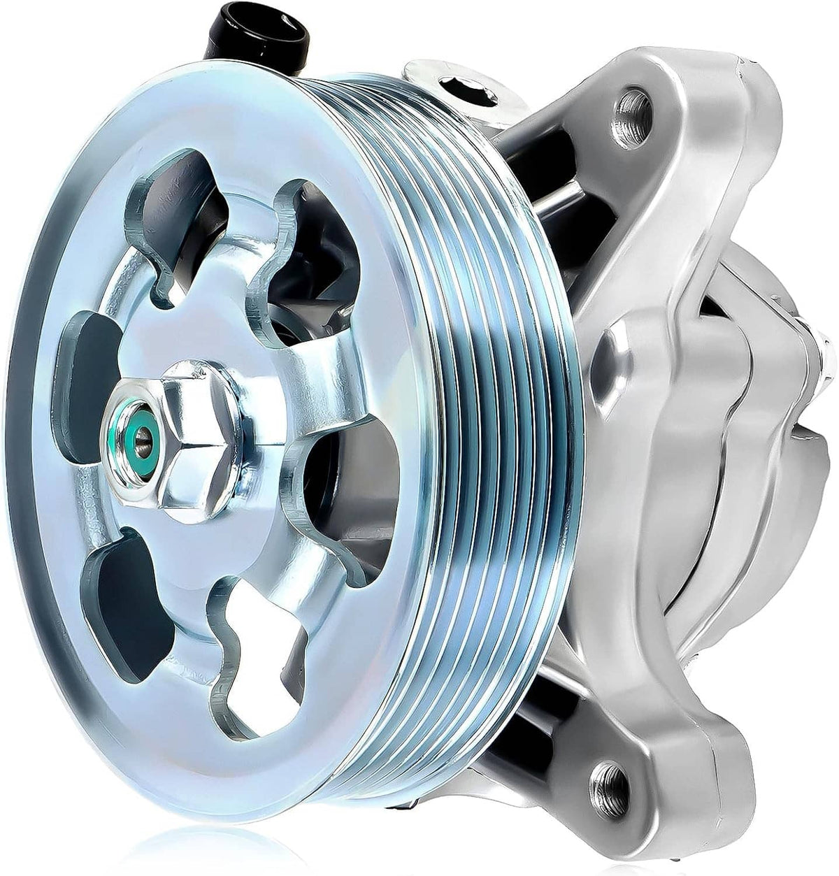 Power steering pump with pulley, silver housing and ribbed belt pulley, black mounting bracket.