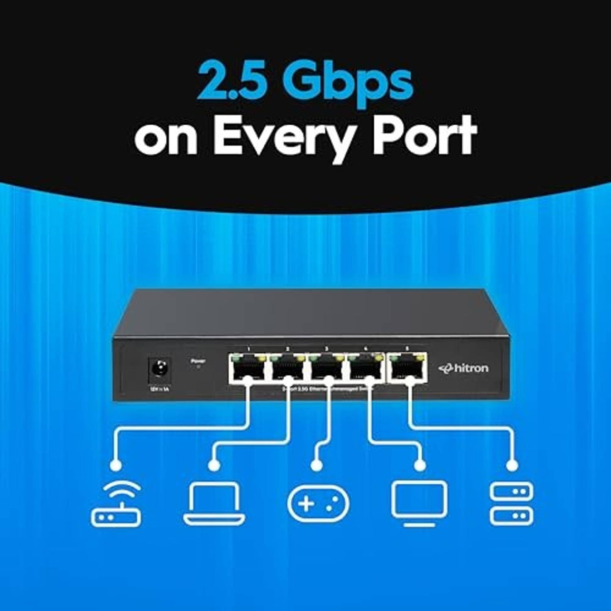Black Hitron 5-port unmanaged Ethernet switch with five RJ-45 ports and LED indicators