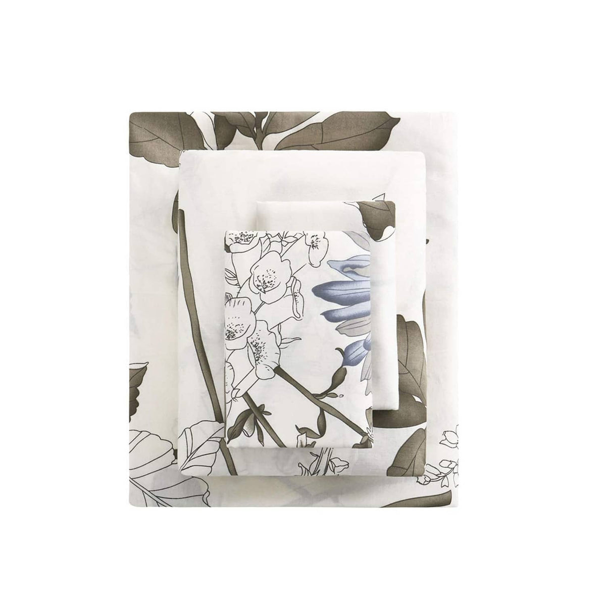 Folded white sheet set with blue floral botanical pattern in packaging