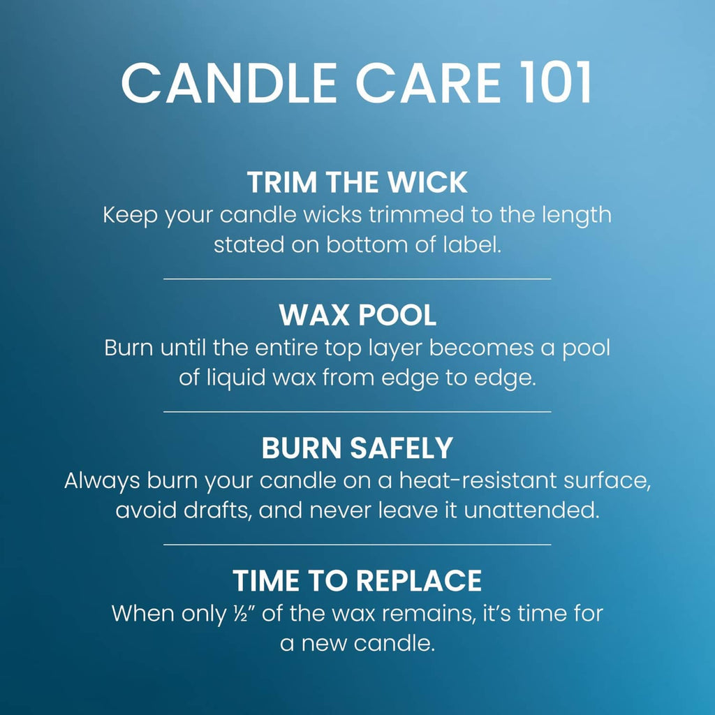 Candle care instructions panel: trim wick, wax pool, burn safely, time to replace