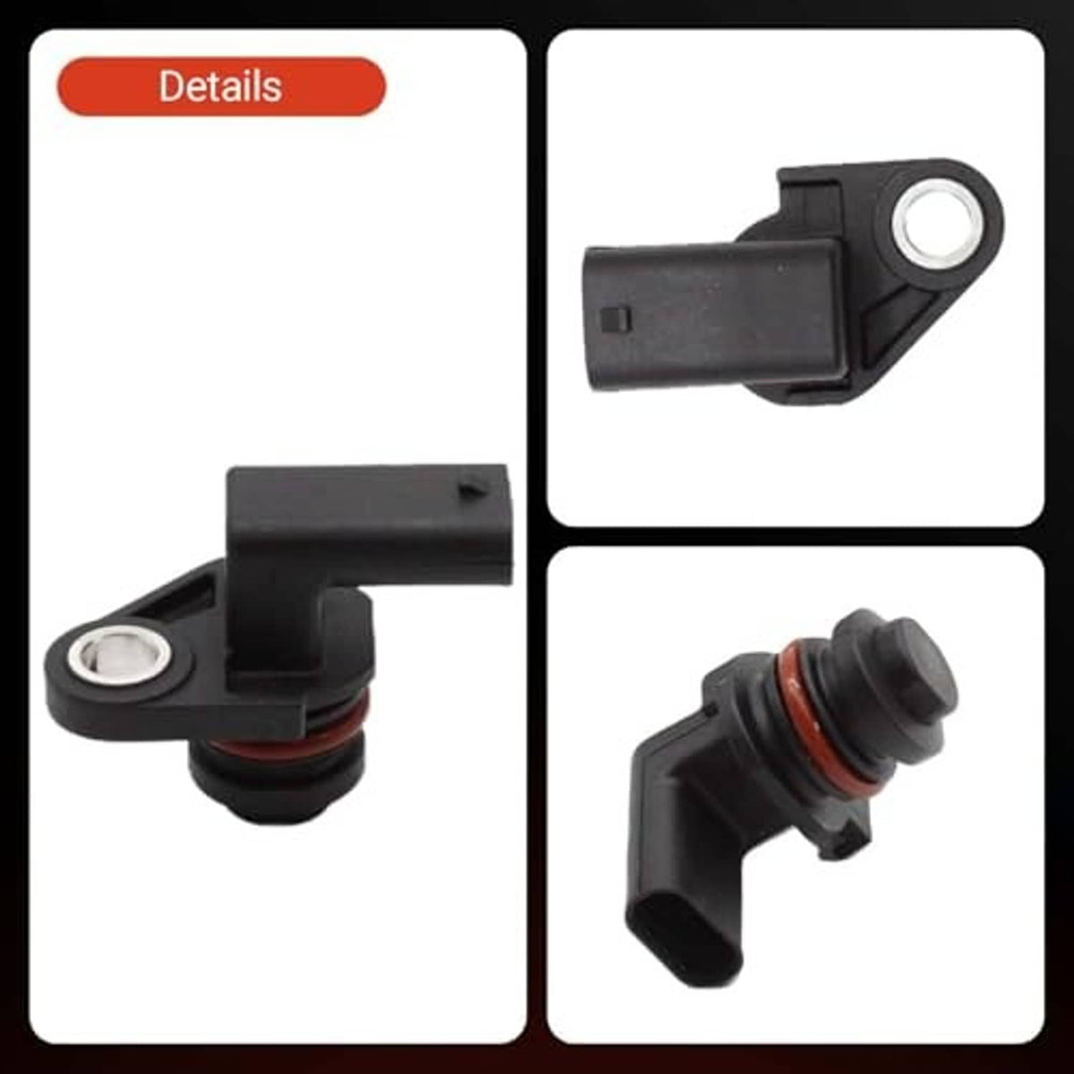 Camshaft position sensor close-up, black plastic housing with red sealing bushing