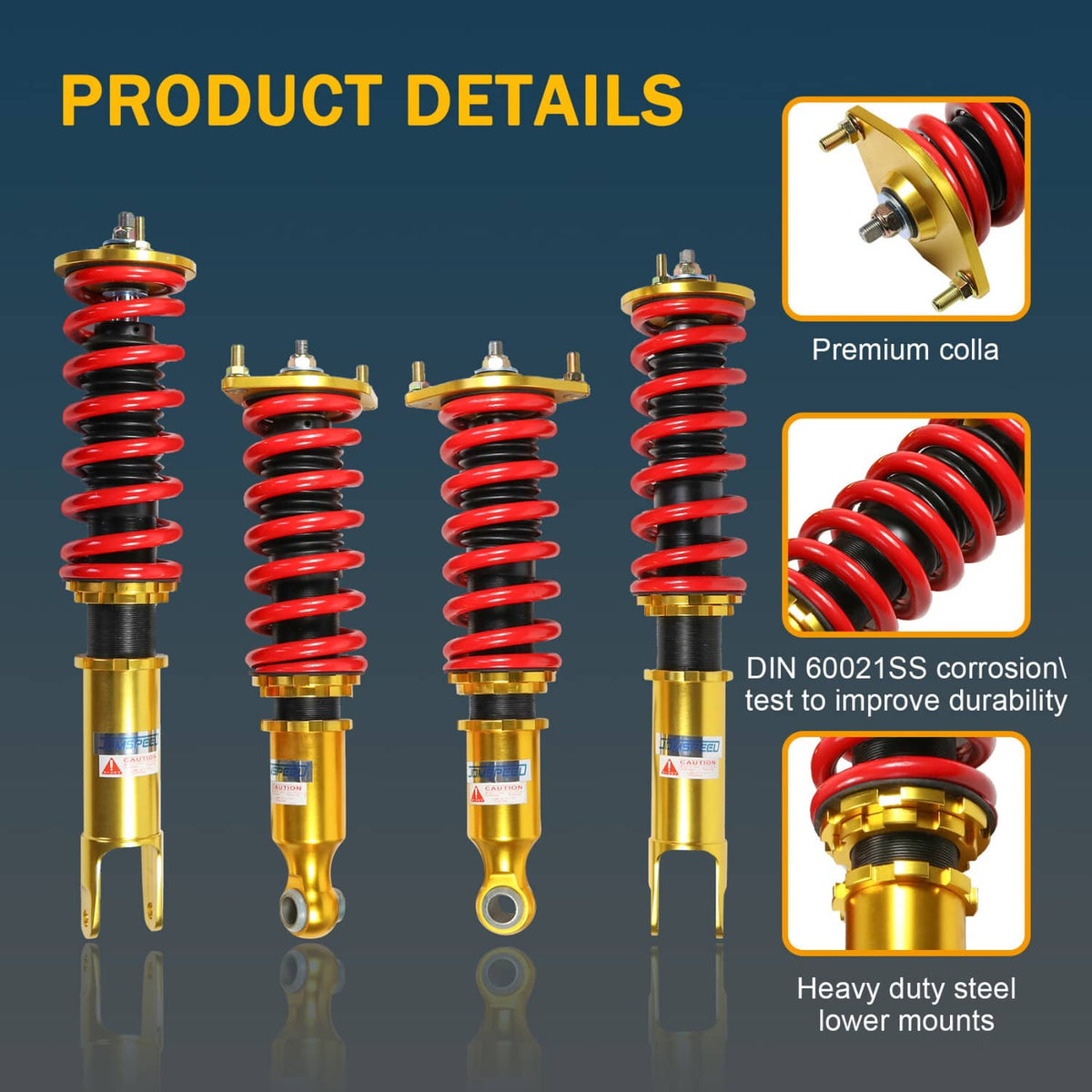 Four gold coilover struts with red springs, black adjust mounts, and threaded shafts