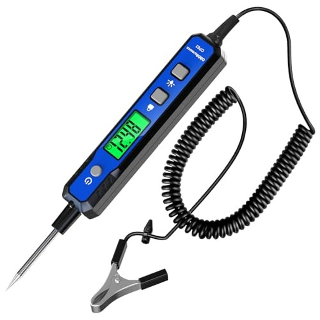 Blue digital automotive circuit tester with buzzer, screen, and positive/negative clip leads