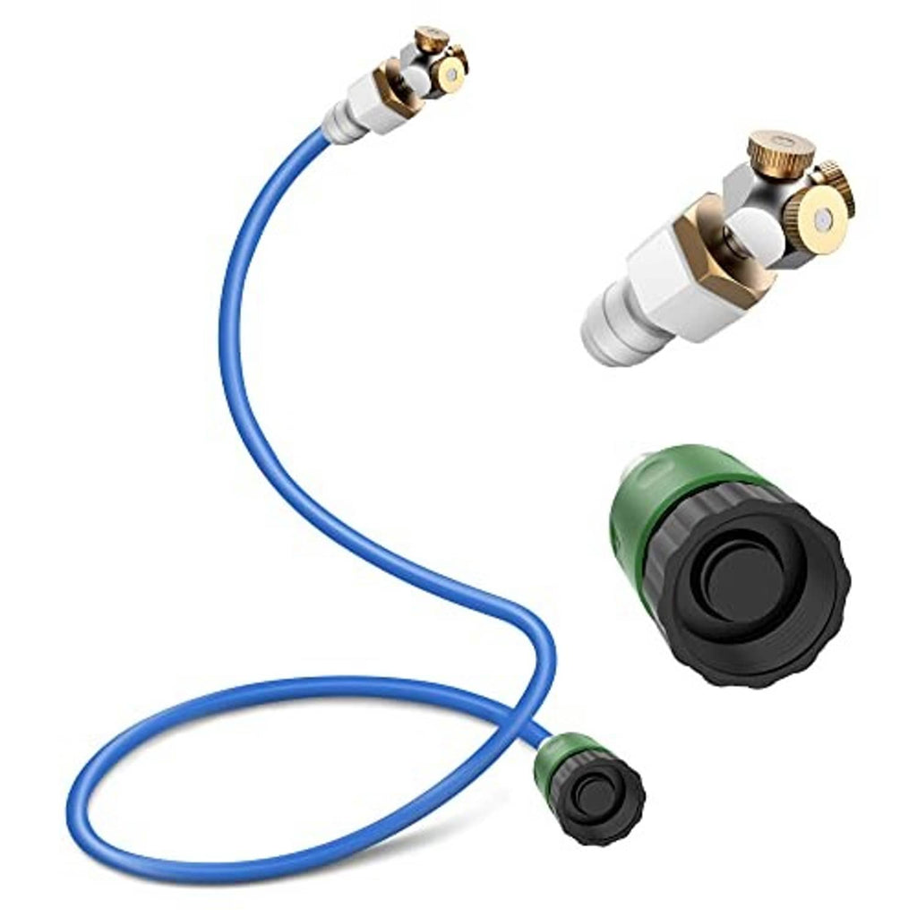 Misting nozzle kit with blue hose, brass connectors, and green control nozzle