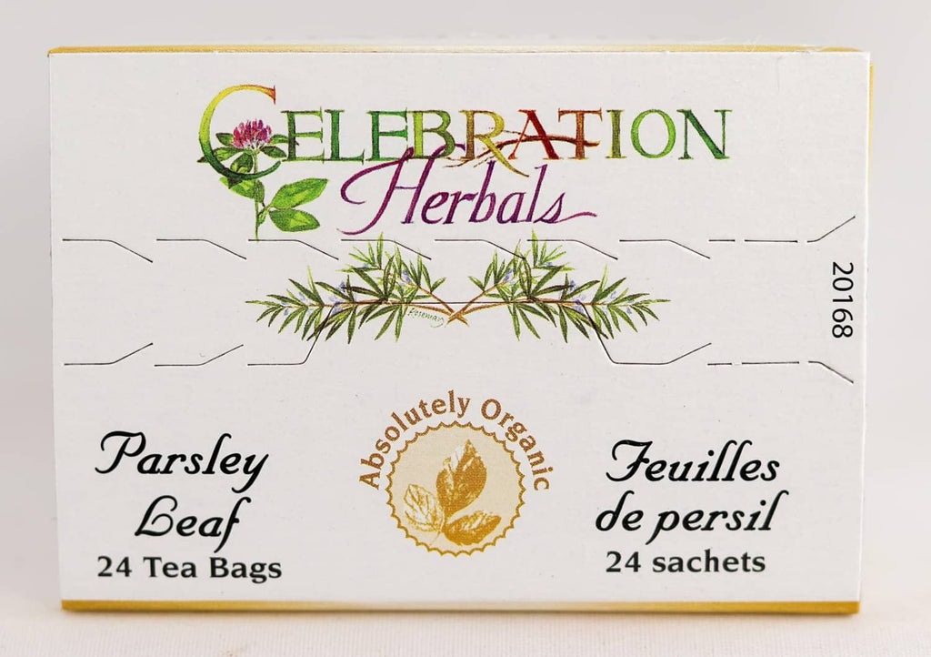 Parsley leaf herbal tea bags carton top view with 24 sachets text.