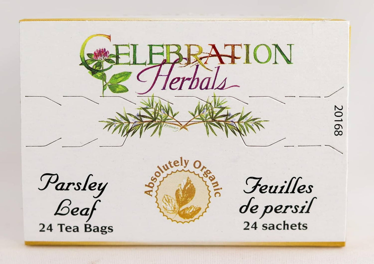 Parsley leaf herbal tea bags carton top view with 24 sachets text.