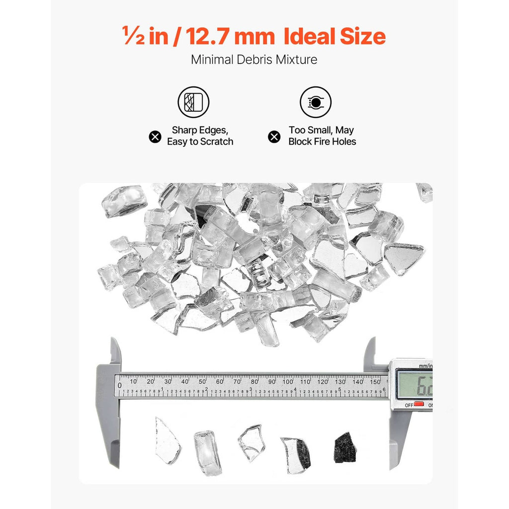 Clear crushed glass fire pit gems with ruler showing about 1/2 in piece size