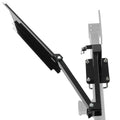 Black powder-coated bumper-mounted swing arm assembly with hinge and mounting brackets