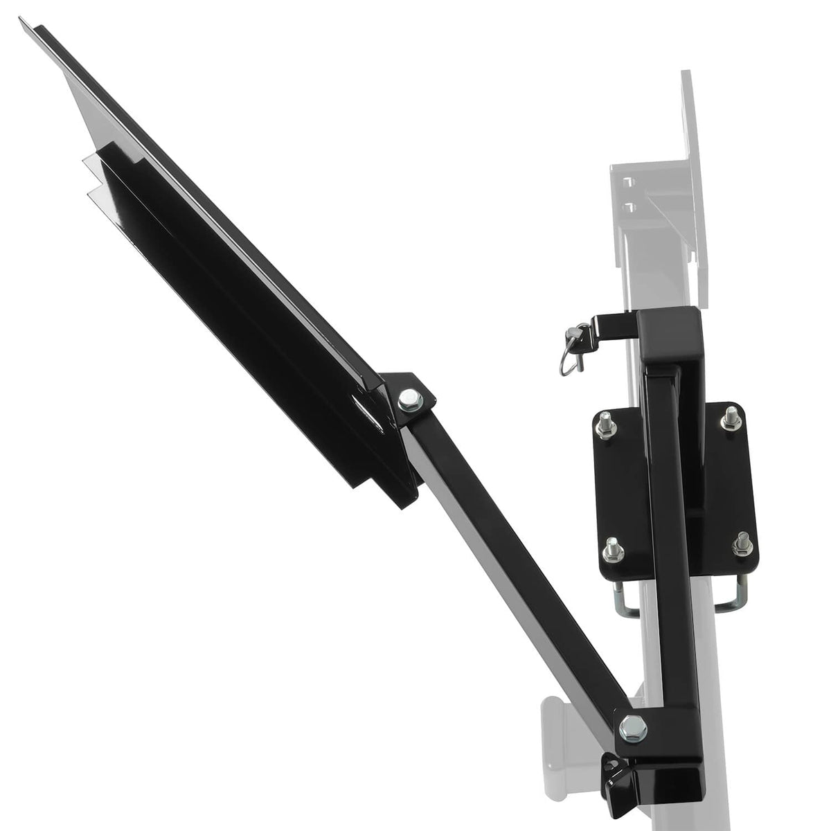Black powder-coated bumper-mounted swing arm assembly with hinge and mounting brackets