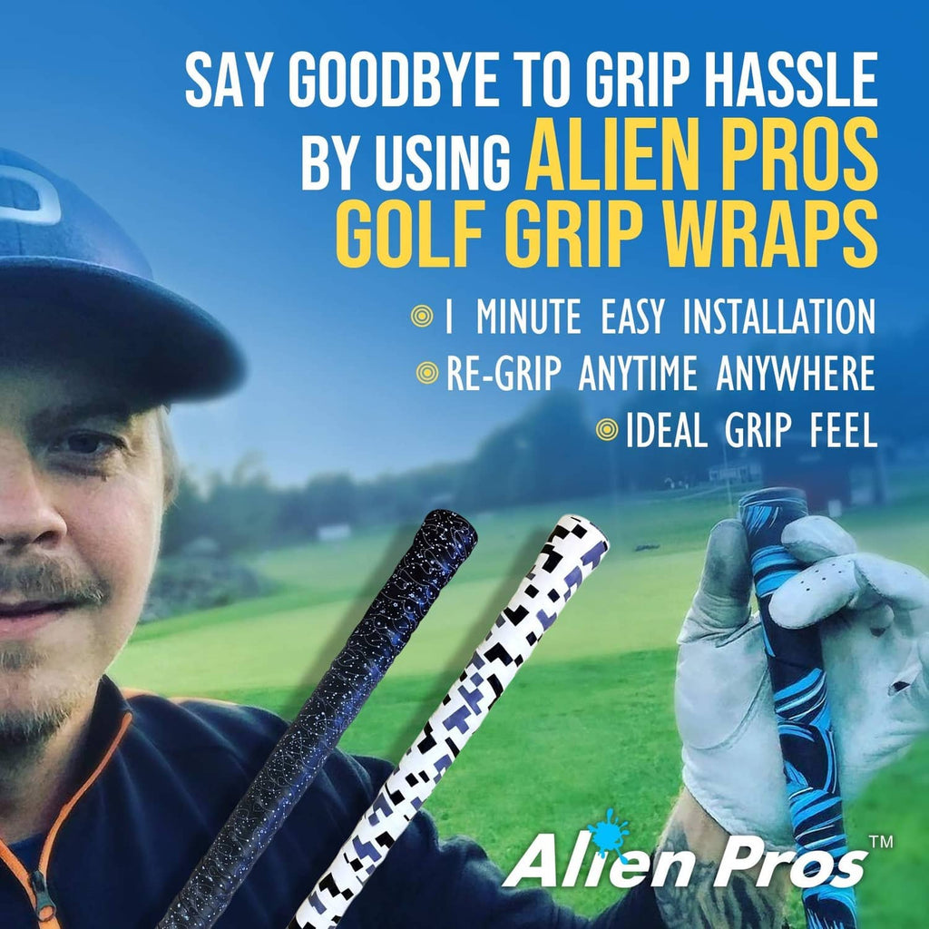 Golf grip wrap graphic with two black-and-white checkered tape strips