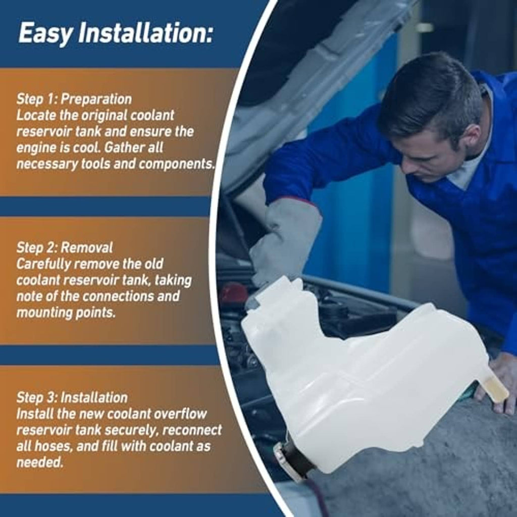 White engine coolant reservoir tank with black hose and cap, held for installation