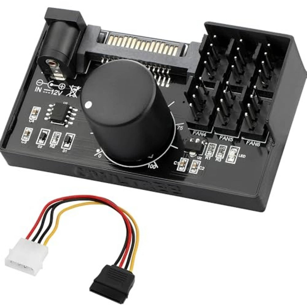 12V PWM PC fan controller hub with speed knob and six 4-pin fan connectors plus cables