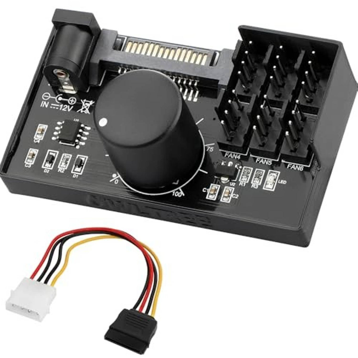 12V PWM PC fan controller hub with speed knob and six 4-pin fan connectors plus cables