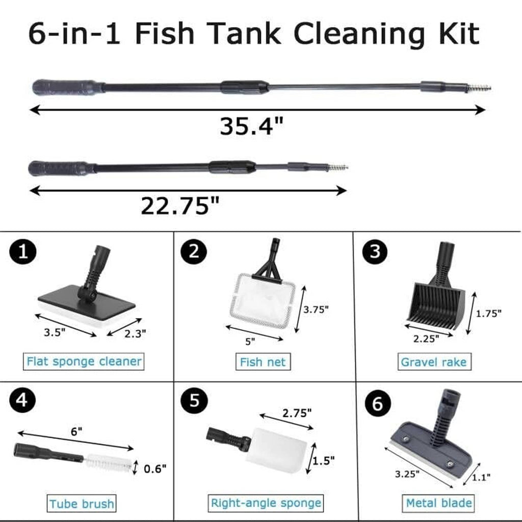 6-in-1 fish tank cleaning kit with adjustable pole and six interchangeable cleaning attachments