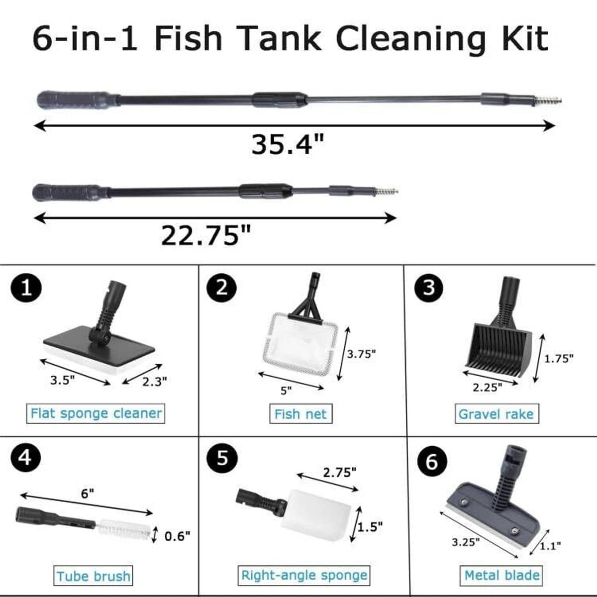 6-in-1 fish tank cleaning kit with adjustable pole and six interchangeable cleaning attachments