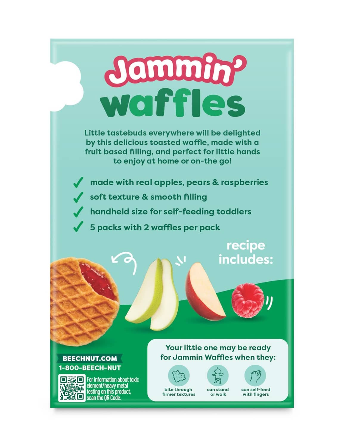 Beech-Nut Jammin' Waffles back panel with waffles and fruit icons