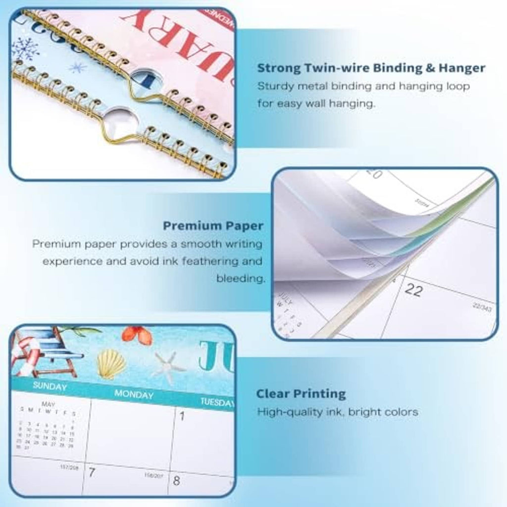 Wall calendar detail showing metal twin-wire binding loop and premium printed page