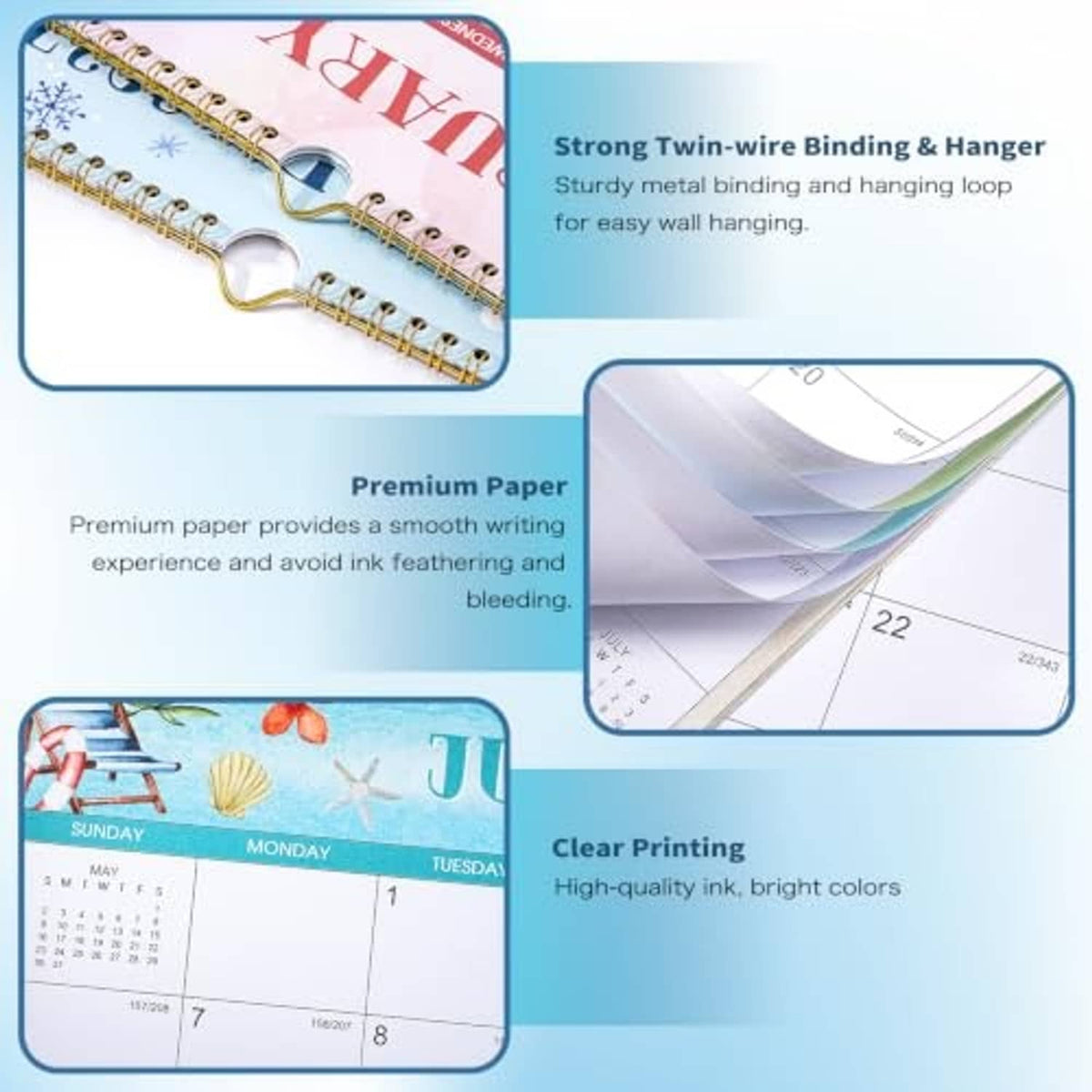 Wall calendar detail showing metal twin-wire binding loop and premium printed page
