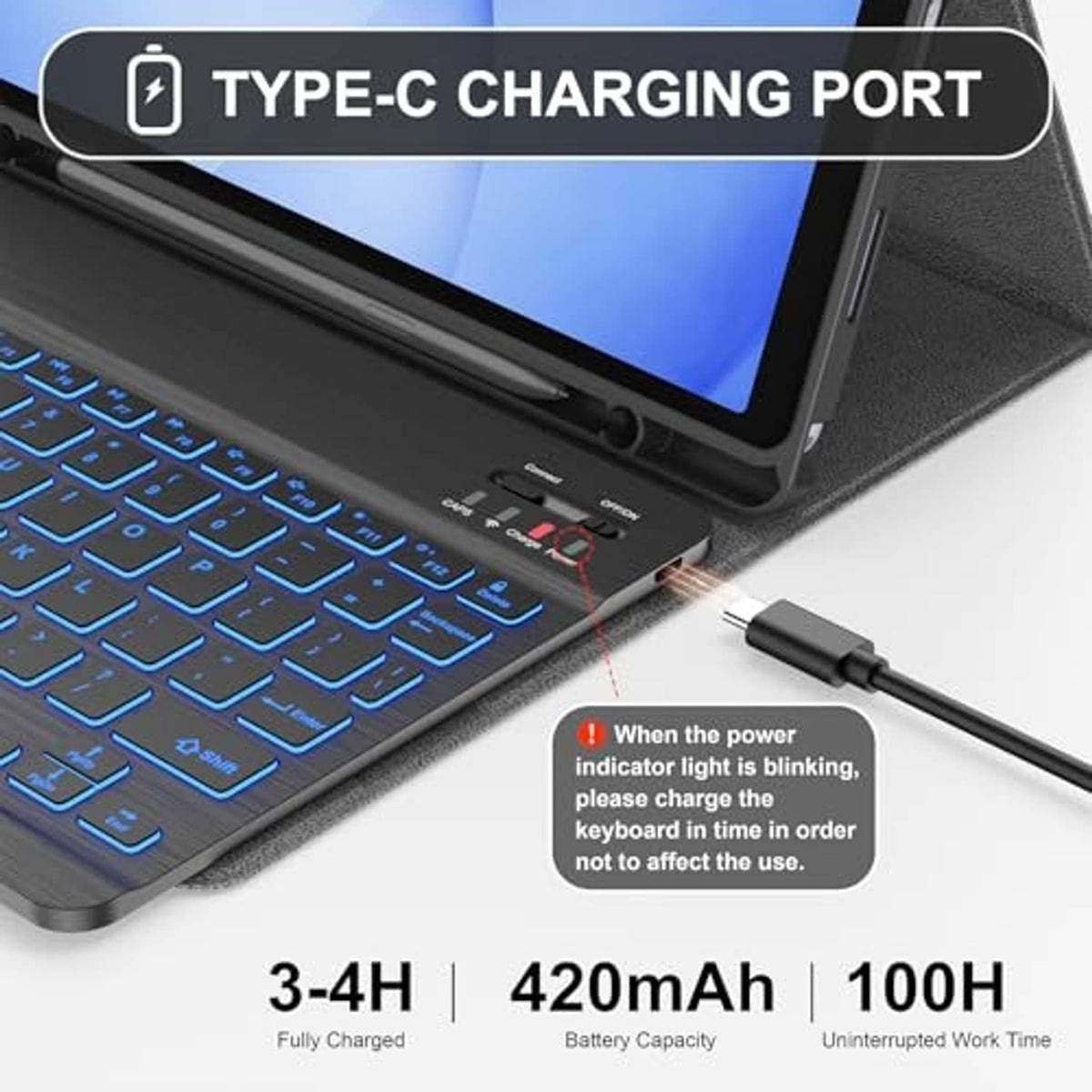 Black keyboard case with Type-C charging port and backlit key area