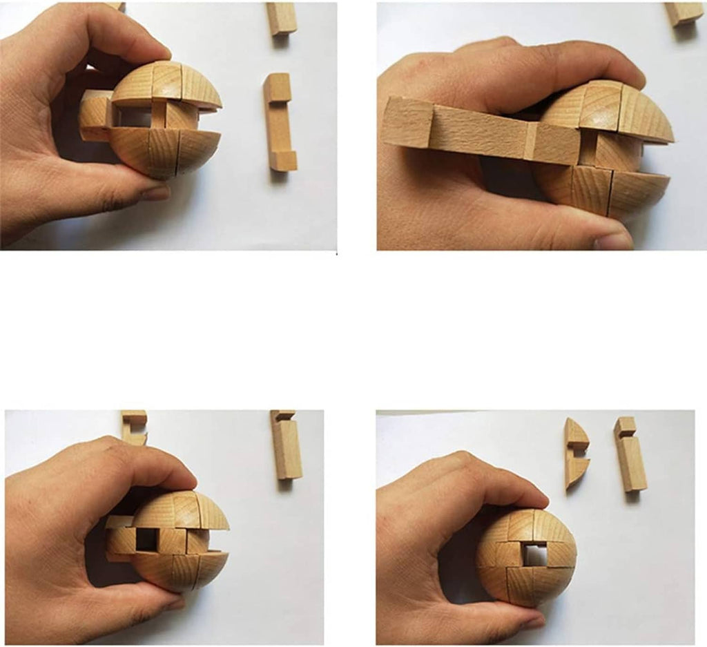 Wooden puzzle sphere being adjusted in hands with loose wooden blocks nearby