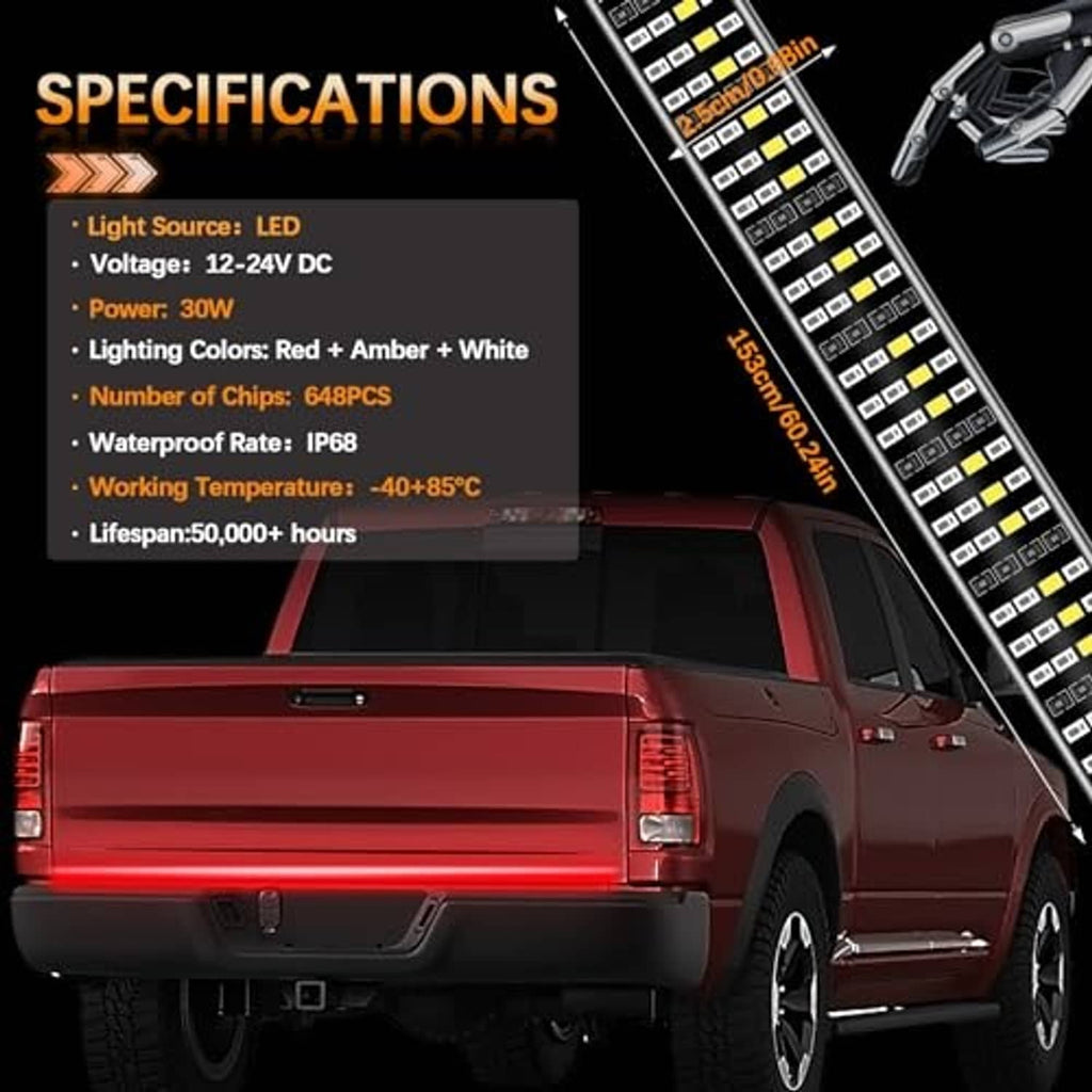 Quad-row LED tailgate light bar mounted on pickup with red illumination and side LEDs