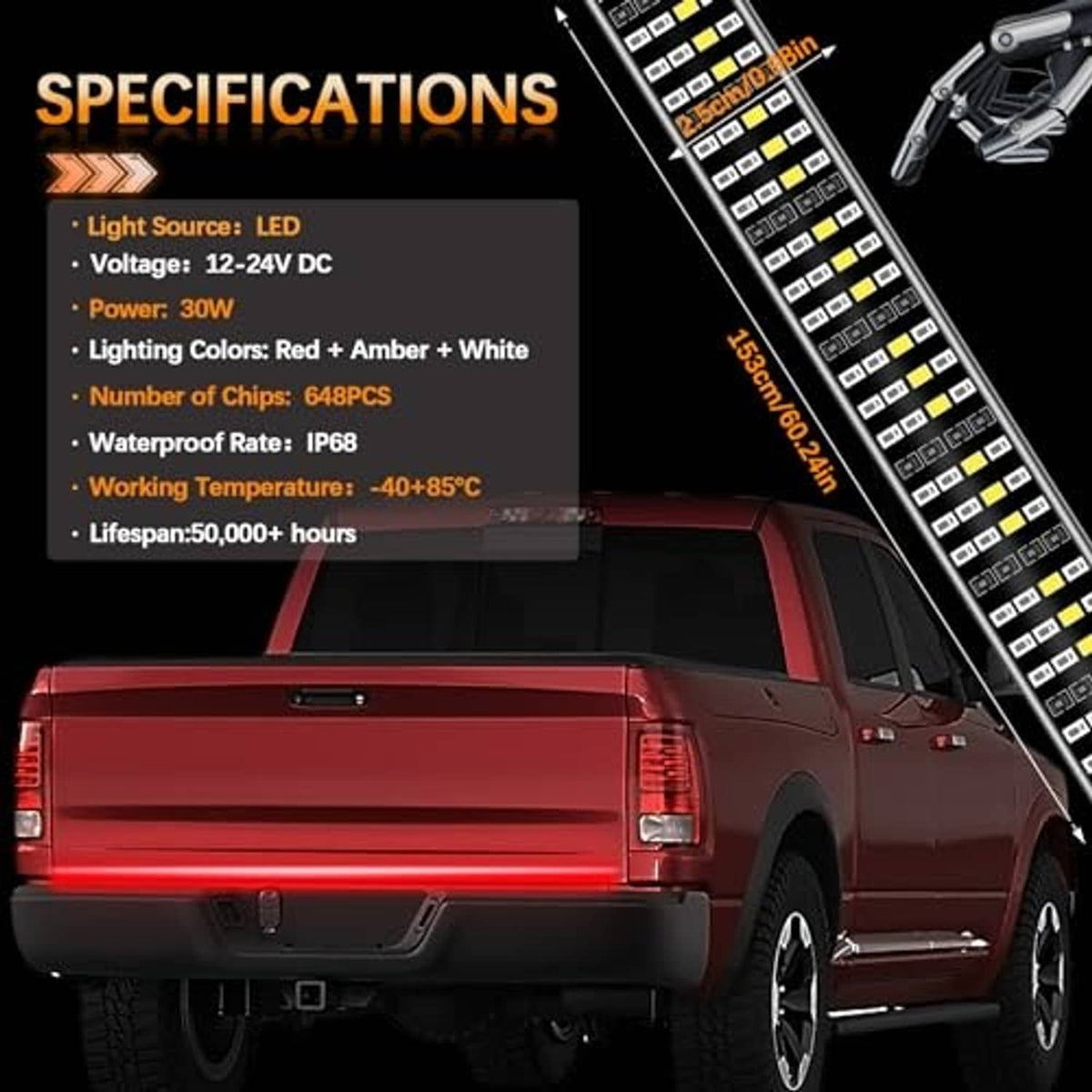 Quad-row LED tailgate light bar mounted on pickup with red illumination and side LEDs
