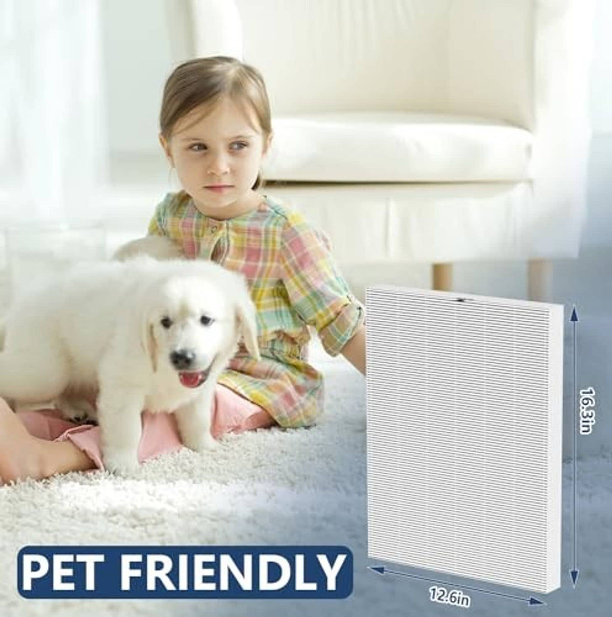 Rectangular white pleated replacement filter panel for an air purifier, upright format