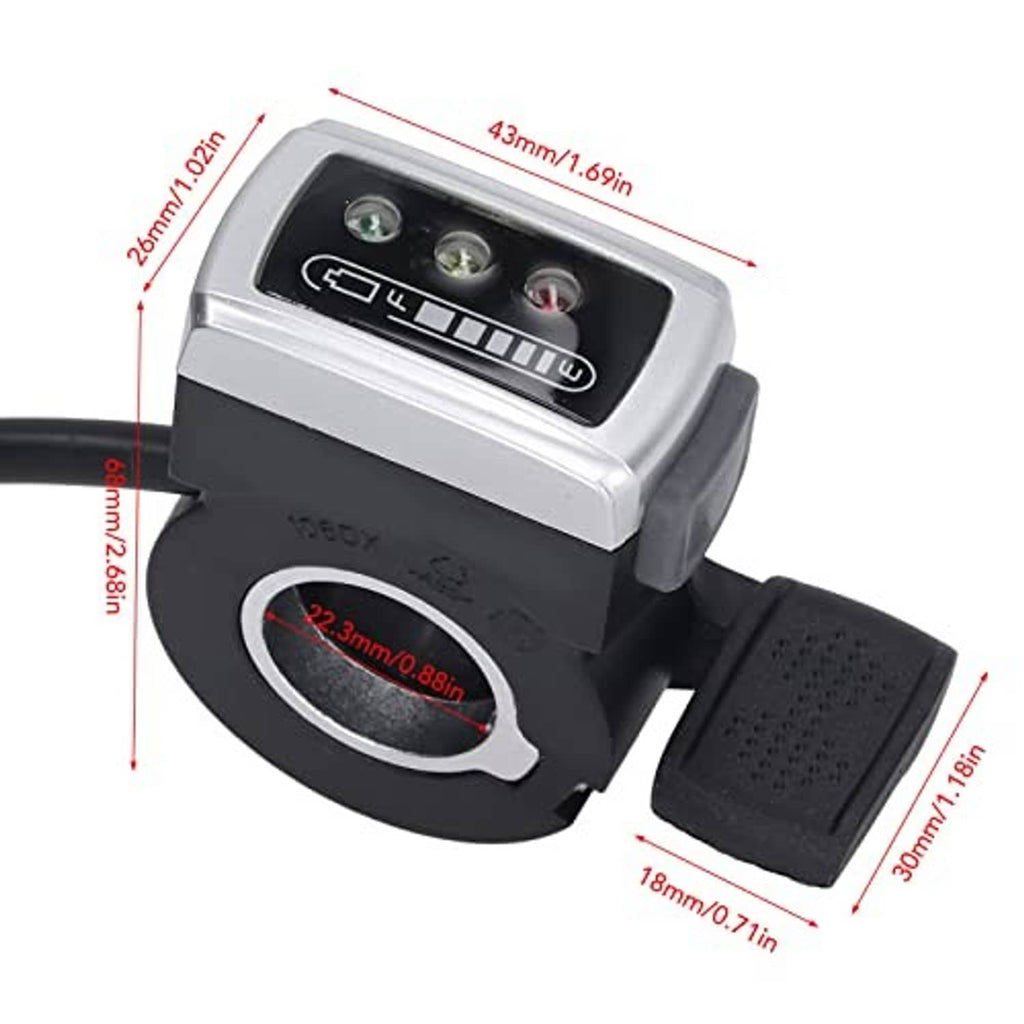 Thumb throttle dimensions: silver switch housing, black mount and rubber grips